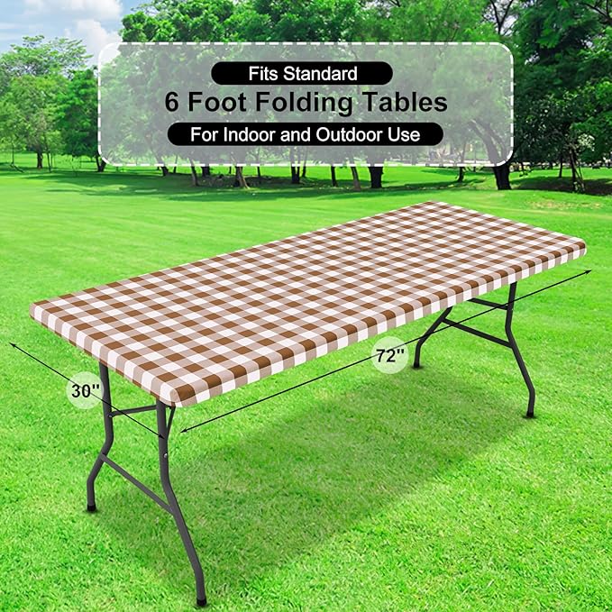 misaya Buffalo Rectangle Picnic Tablecloth, 6 Foot Elastic Fitted Vinyl Table Cloth with Flannel Backing, Waterproof Plaid Table Covers for Dining, Camping, Outdoor (Brown and White, 30" x 72")