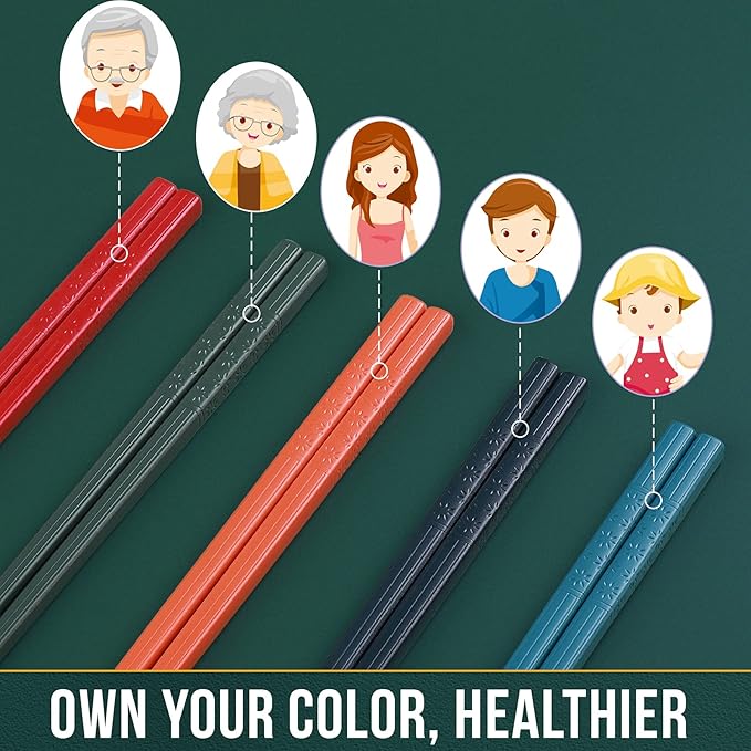 10 Pairs Reusable Fiberglass Chopsticks Dishwasher Safe, GLAMFIELDS Premium Multicolor Japanese Style Chop Sticks for Sushi, Anti-slip, Lightweight, 9 1/2 inches