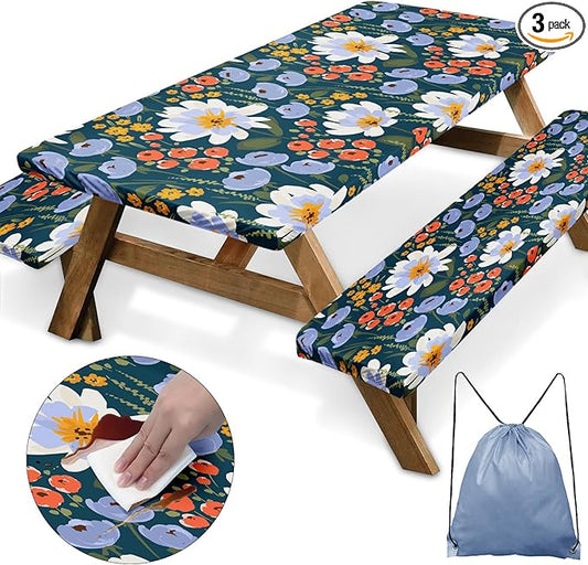 Picnic Table Cover with Bench Covers Elastic Edges, Floral Fitted Table Cover, Outdoor Patio Camping Essentials 72 Inch 3PCS, Waterproof Camping Fitted Tablecloth with Drawstring Bag
