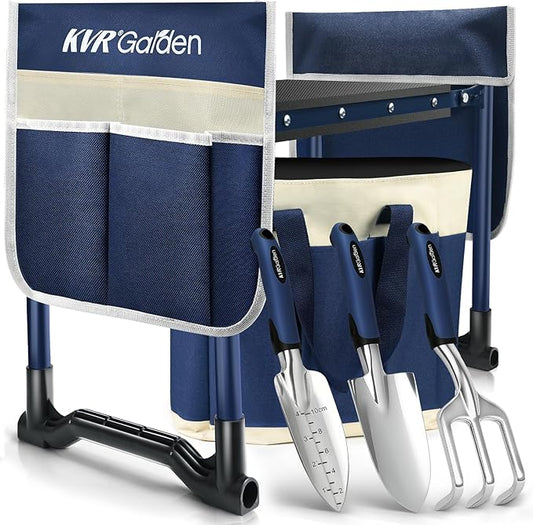 KVR Garden Kneeler and Seat Set 2025 Upgraded - Heavy Duty Foldable Bench Chair with 3 Tools & 2 Tool Pouch + Multi-Purpose Bag, Gardening Stool Gifts for Seniors, Women, Mom