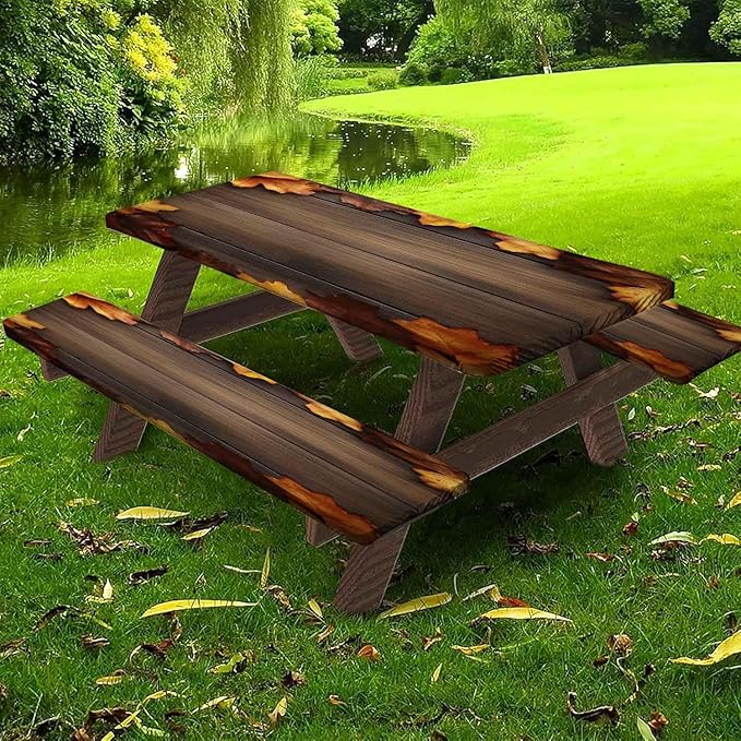 CAPSCEOLL Fitted Picnic Table Cover with Bench Covers with Elastic 6Ft Waterproof Camping Picnic Table Cover Cloths for Outdoors Camping Tablecloth with Drawstring Bag, 72X30in, Brown Wood