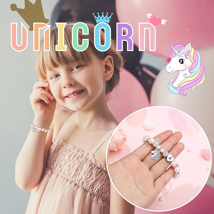 Hidepoo Unicorn Bracelet Gifts for Girls - Adjustable Pink Pearl and Rhinestone Balls Heart Initial Unicorn Bracelets Jewelry CZ Unicorn Bracelet Birthday Gifts for Girls