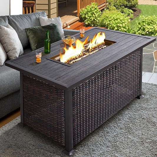 NOBLEMOOD 48 INCH Propane Fire Pit Outdoor Fire Table with Glass Beads, 50,000 BTU Gas Fire Pit Table w/Aluminum Table Top, Waterproof Cover for Outdoor, Patio, Garden, CSA Certification