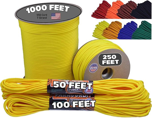 BORED? PARACORD! 550 lb Paracord - Ideal for Crafting, Camping, DIY Projects, Active & Military Outdoors - Strong Survival Rope - Tactical Parachute Cord Type III - Yellow 250 Feet