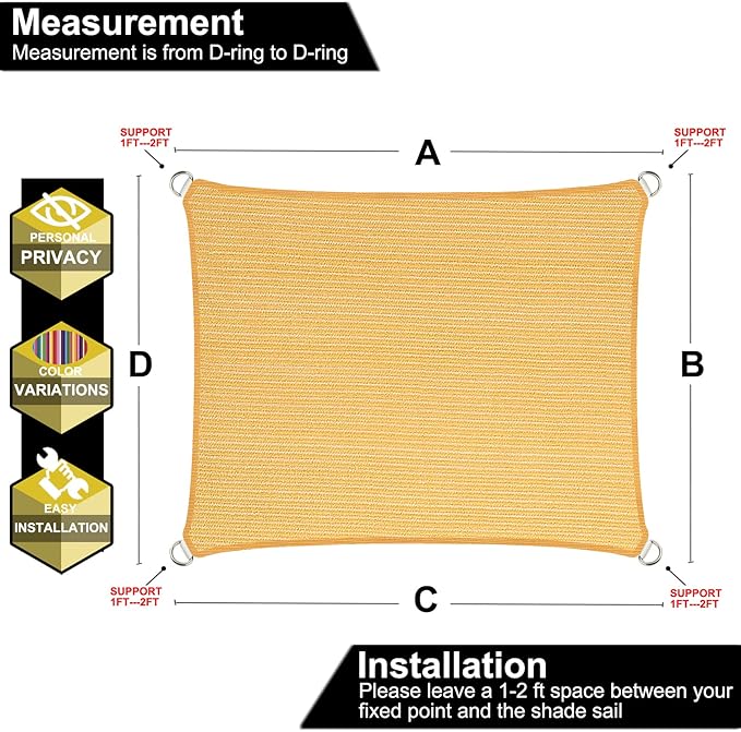 10' x 10' Yellow Outdoor Sun Shade Sail Canopy ??UV Resistant Permeable Awning Fabric for Patio, Garden, Backyard, Pergola, Carport, Lawn Shelter Cover