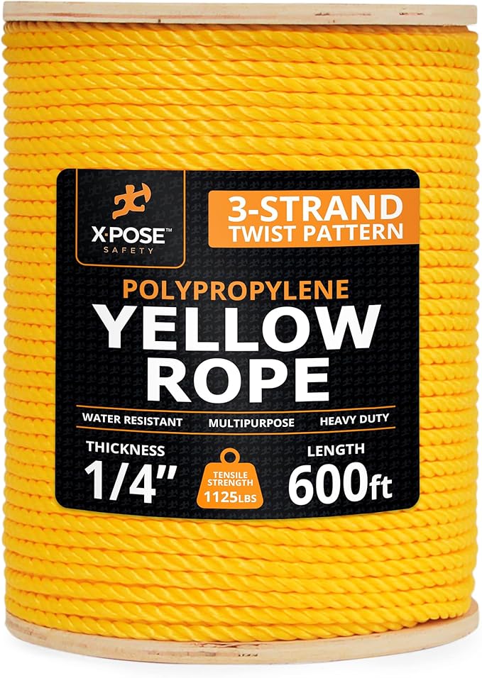 Yellow Twisted Polypropylene Rope, 1/4" Thickness x 600' Length Heavy Duty Poly Ropes for Outdoor and Marine Use, Yellow Rope for Visibility & Safety