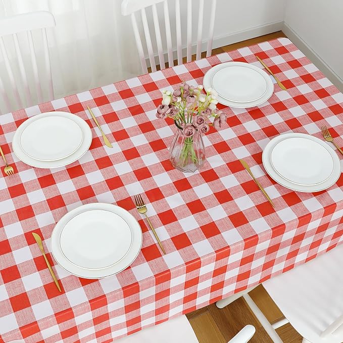 Romanstile Rectangle Plastic Tablecloth, 100% Waterproof Oil-Proof Checkered PVC Table Cloth, Heavy Duty Vinyl Table Cover for Dining, Camping, Picnic, Outdoor - 54 x 78 Inch, Red and White