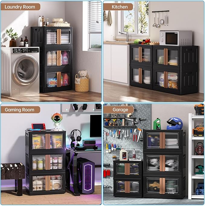 HAIXIN Storage Bins with 3 Lids - 19 Gal Stackable Organizer Box with Dual Opening Door Collapsible Closet Organization Plastic Black Storage Cabinet for Garage Laundry Room Camping, 3 Pack