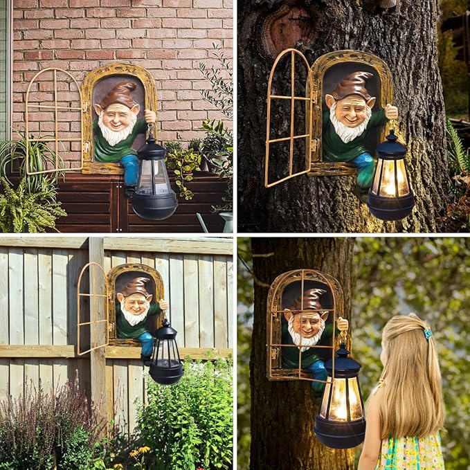 Whimsical Fairy Garden Gnomes with Solar Lights-10 Elf Out The Door Tree Hugger Garden Statues-Outdoor&Yard Decor-Tree Face Sculpture,Ideal Yard Art for Patio,Fence,Wall