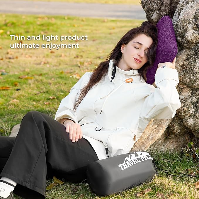 Travel Pillow Memory Foam Pillows, Camping Pillow-Compressible Medium Firm, Breathable Cover, Ideal Backpacking Hiking, Bed Pillows, Airplane and Car (Purple, M)