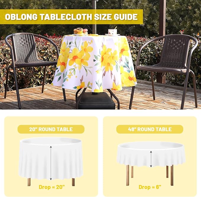 SquarePie Round Outdoor Talecloth, 60'' Waterproof Spill Proof Patio Table Cloth Cover with Umbrella Hole and Zipper for Spring Summer Party Picnic,Yellow Flower