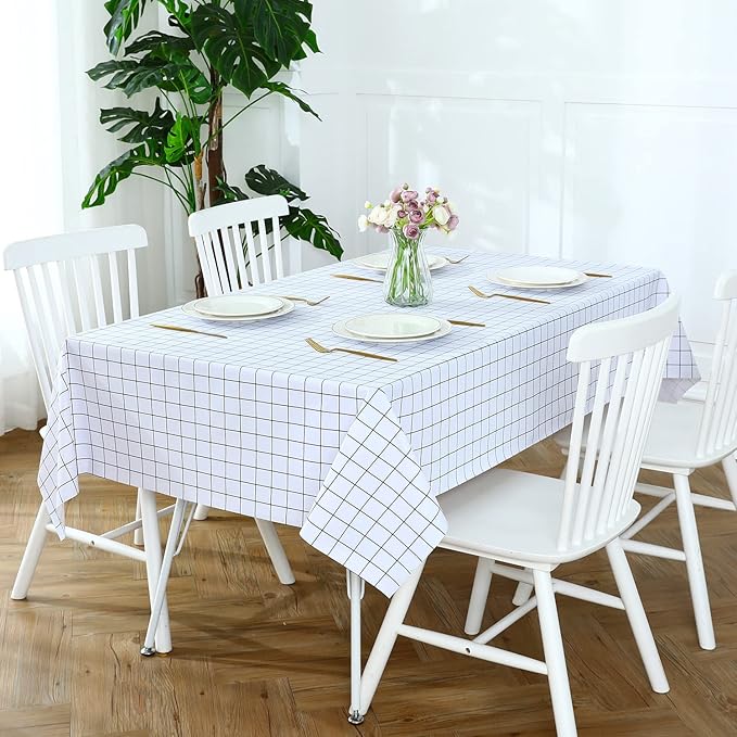 Romanstile Rectangle Plastic Tablecloth, 100% Waterproof Oil-Proof Checkered PVC Table Cloths, Heavy Duty Vinyl Table Covers for Dining, Camping, Picnic, Outdoor - 52 x 70 Inch, White