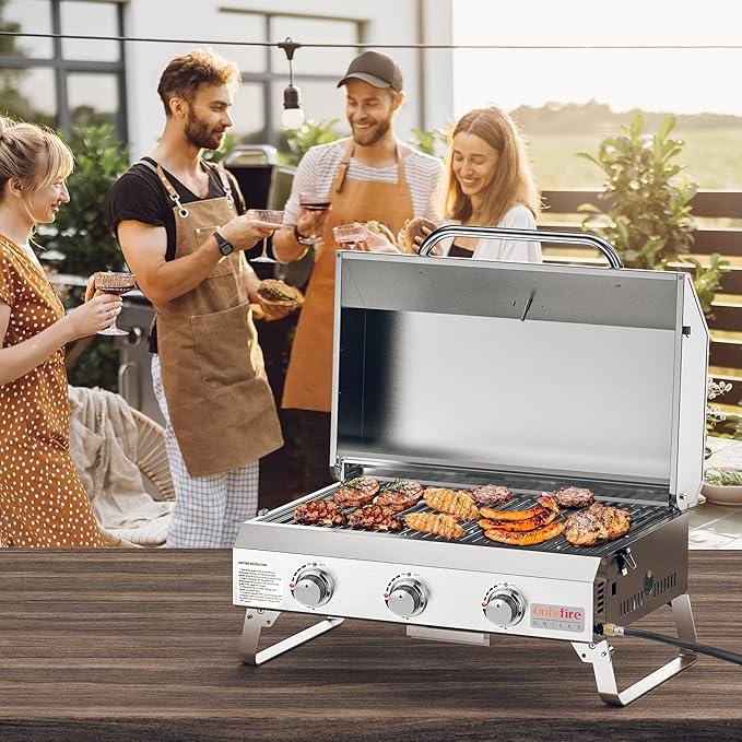 Tabletop Gas Grill 3 Burners, Stainless Steel Portable Propane Grill with Foldable Legs for Outdoor Patio Backyard Camping, Tailgating, RV Trip, Heavy Duty & 24000BTU, GS307