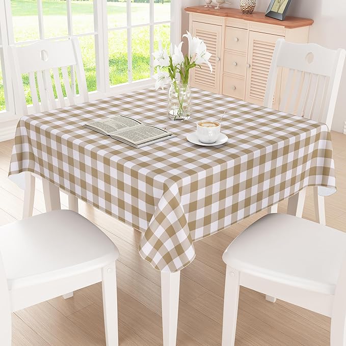 misaya Square Waterproof Vinyl Table Cloth, Buffalo Flannel Backed Tablecloth, Wipeable Plastic Table Cover for Dinner, Kitchen, Outdoor (54" x 54", Khaki and White)