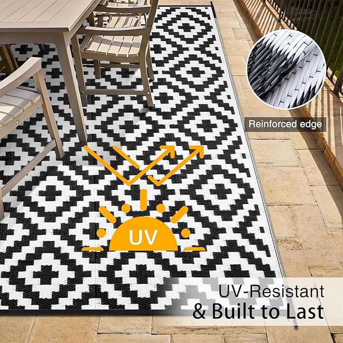 OLANLY Waterproof Outdoor Rug 8x10 ft, Outdoor Plastic Straw Rug for Camping, RV Mat Outside, Indoor Outdoor Carpet for Porch, Deck, Backyard, Balcony, Picnic, Black & White