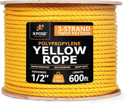 Yellow Twisted Polypropylene Rope, 1/2" Thickness x 600' Length Heavy Duty Poly Ropes for Outdoor and Marine Use, Yellow Rope for Visibility & Safety