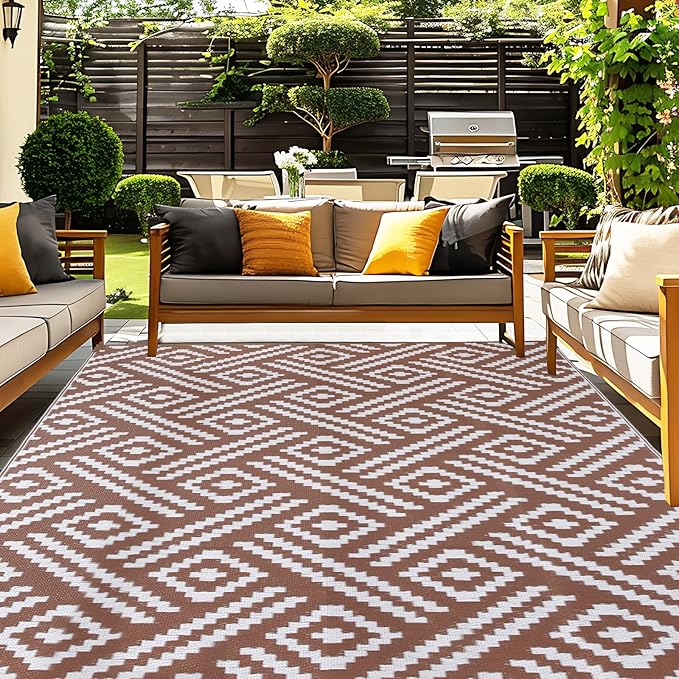 OPPODREAM Outdoor Rug 8x10 Patio Waterproof, Large Outdoor Plastic Straw Rug, Reversible Out Door Carpet for Camping, Deck, Rv, 8 x 10 Area Carpet for Balcony, Porch, Backyard, White and Brown