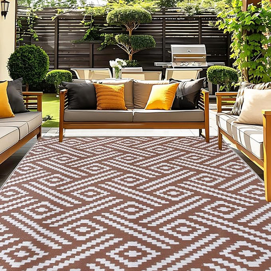 OPPODREAM Outdoor Rug 8x10 Patio Waterproof, Large Outdoor Plastic Straw Rug, Reversible Out Door Carpet for Camping, Deck, Rv, 8 x 10 Area Carpet for Balcony, Porch, Backyard, White and Brown