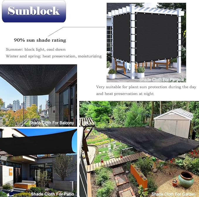 10X20Ft Shade Cloth for Garden, 90% Black Sun Shade Mesh for Plants Heat Protection, Outdoor Sunblock Mesh Tarp for Greenhouse, Plant Cover, Balcony, Gazebo, Deck, Porch, Carport