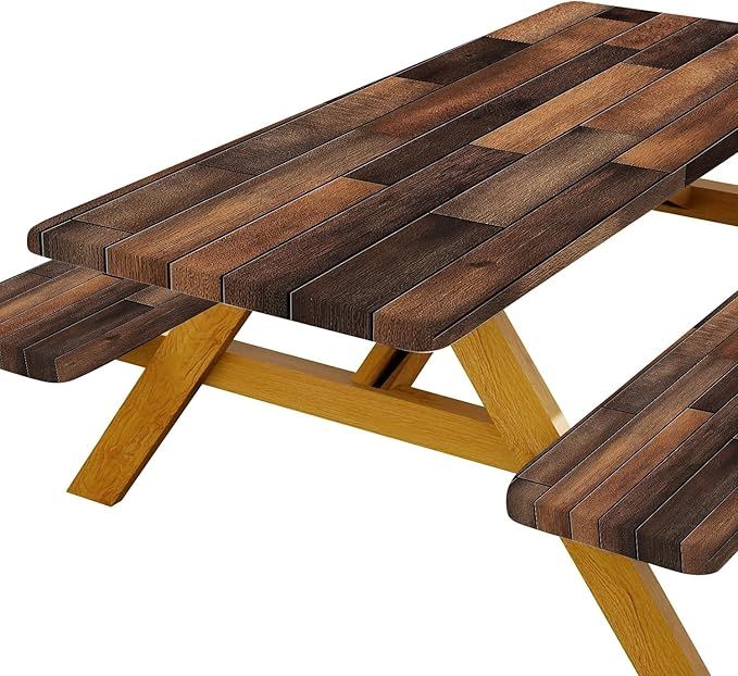 Picnic Table Cover with Bench Covers Elastic Edges, Farmhouse Brown Wooden Fitted Outdoor Patio Camping Essentials, Waterproof Camping Fitted Tablecloth, Drawstring Bag, 60in, Brown