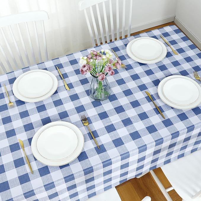 Romanstile Rectangle Plastic Tablecloth, 100% Waterproof Oil-Proof Checkered PVC Table Cloth, Heavy Duty Vinyl Table Cover for Dining, Camping, Picnic, Outdoor - 54 x 108 Inch, Light Blue and White