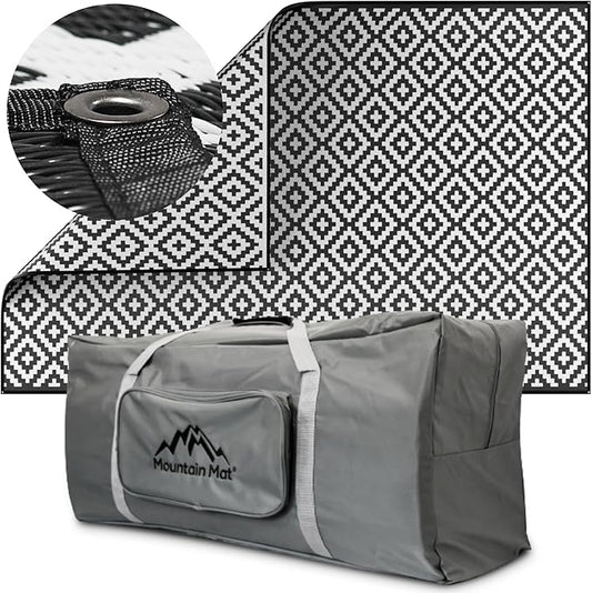 8x20 Black & Gray RV Mat with Carry Bag – Extra Thick 5mm Recycled Poly Rug – Heavy-Duty, Waterproof, Reversible – Premium Outdoor Rug for Camping, Patio, Beach (8' x 20', Black)