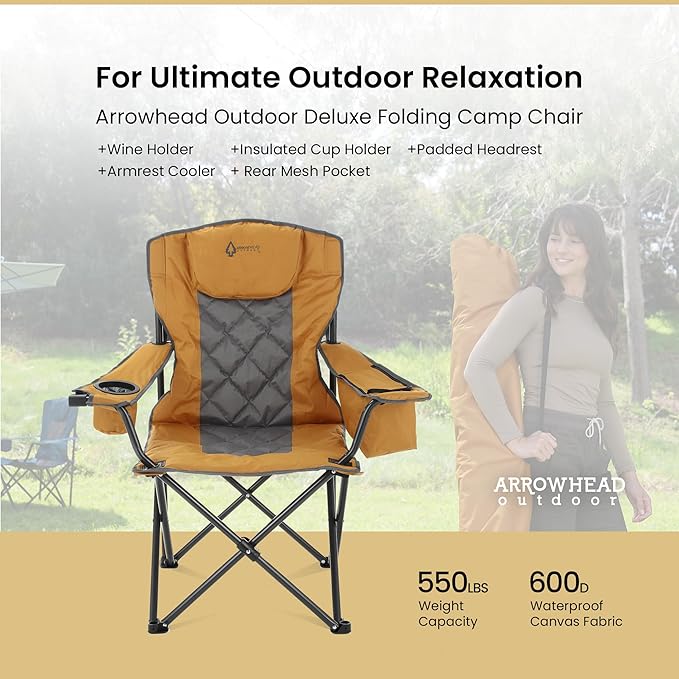 ARROWHEAD OUTDOOR 2-Pack Portable Folding Camping Quad Chair w/ 6-Can Cooler, Cup & Wine Glass Holders, Heavy-Duty Carrying Bag, Padded Armrests, Headrest & Seat, Supports up to 550lbs