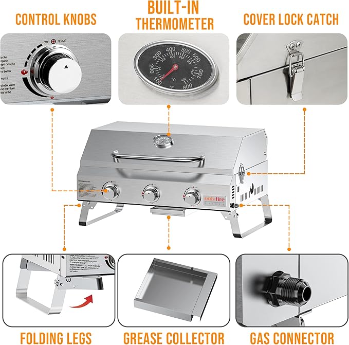 Tabletop Gas Grill 3 Burners, Stainless Steel Portable Propane Grill with Foldable Legs for Outdoor Patio Backyard Camping, Tailgating, RV Trip, Heavy Duty & 24000BTU, GS307