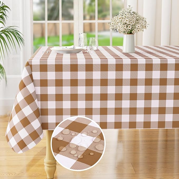 misaya Rectangle Waterproof Vinyl Table Cloth, Buffalo Flannel Backed Tablecloth, Wipeable Plastic Table Cover for Dinner, Kitchen, Outdoor (60" x 120", Brown and White)