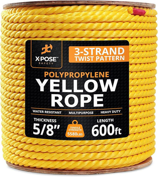 Yellow Twisted Polypropylene Rope, 5/8" Thickness x 600' Length Heavy Duty Poly Ropes for Outdoor and Marine Use, Yellow Rope for Visibility & Safety