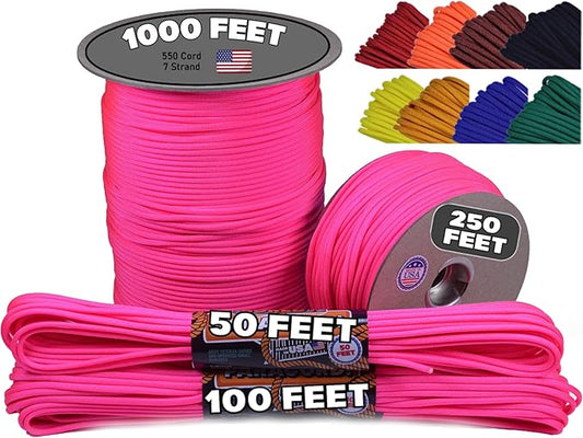 BORED? PARACORD! 550 lb Paracord - Ideal for Crafting, Camping, DIY Projects, Active & Military Outdoors - Strong Survival Rope - Tactical Parachute Cord Type III - Neon Pink 50 Feet