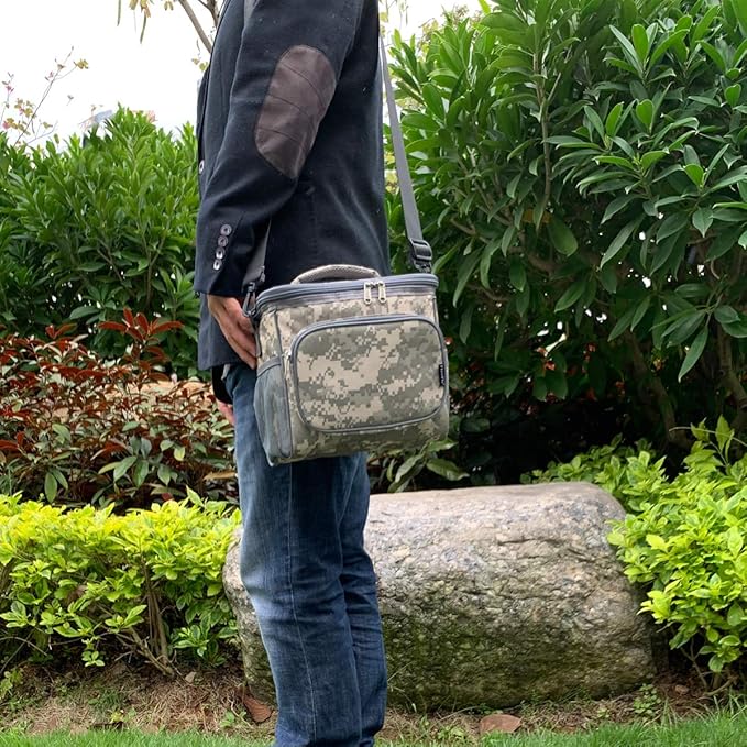 FlowFly Insulated Reusable Lunch Bag Adult Large Lunch Box for Women and Men with Adjustable Shoulder Strap,Front Zipper Pocket and Dual Large Mesh Side Pockets,DigitalCamo