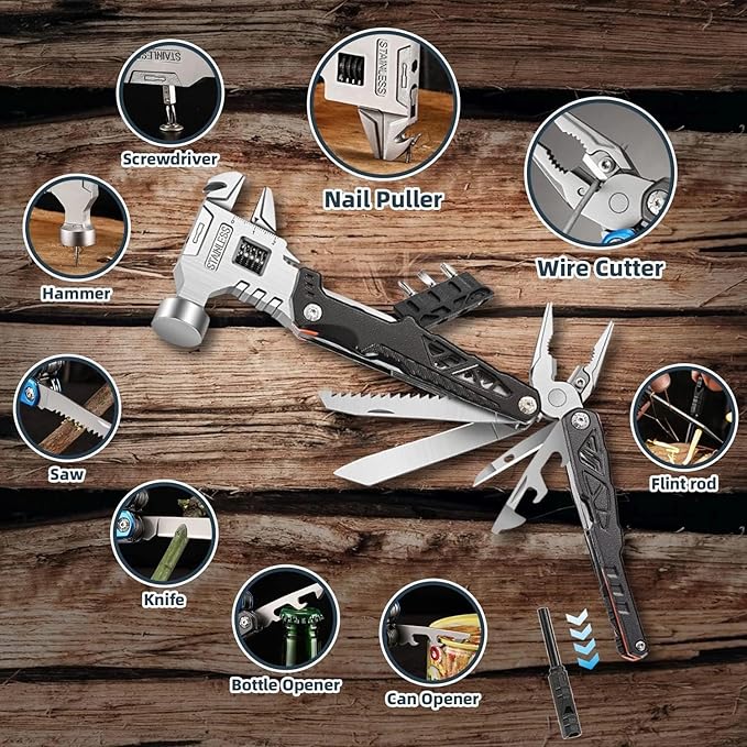 MALOM 18-in-1 Upgraded adjustable Hammer, Stainless Steel multitool Pliers with Replaceable Tungsten Wire Cutters, Bottle Opener, Nylon Sheath, Ideal for Camping, Survival, Hunting (Black)