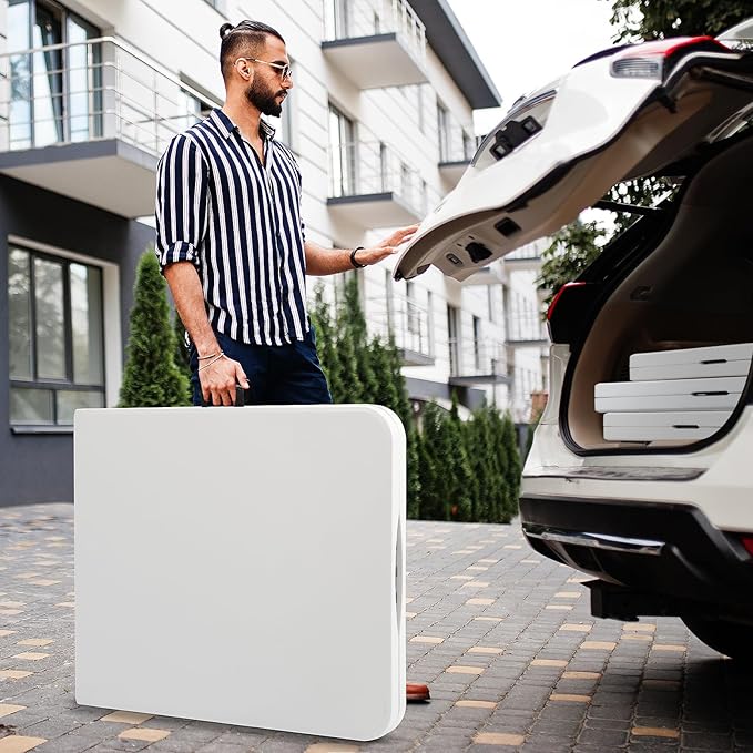 SKOK Folding Picnic Table 8 Foot, 8FT Long Plastic Picnic Table Portable with Carry Handle, White Tailgating Utility Commercial Craft Table with Heavy Duty Frame for Party & Events，330lbs