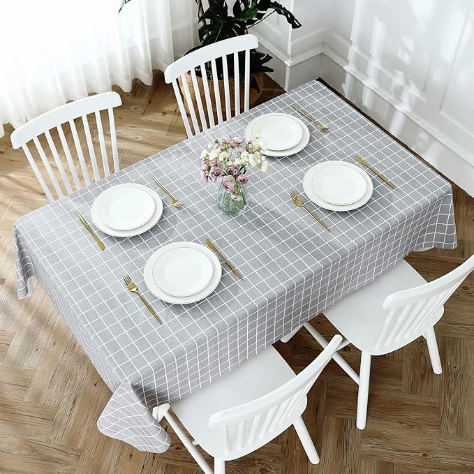 Romanstile Rectangle Plastic Tablecloth, 100% Waterproof Oil-Proof Checkered PVC Table Cloths, Heavy Duty Vinyl Table Covers for Dining, Camping, Picnic, Outdoor - 52 x 70 Inch, Grey