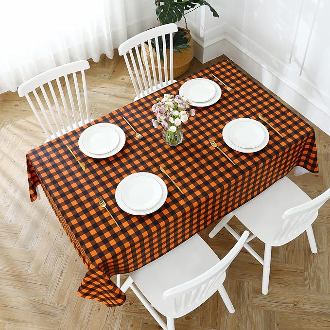 Romanstile Fall Halloween Vinyl PVC Tablecloth, 100% Waterproof Buffalo Plaid Plastic Table Cloth, Heavy Duty Wipeable Table Covers for Camping/Picnic/Outdoor - 54 x 108, Black and Orange