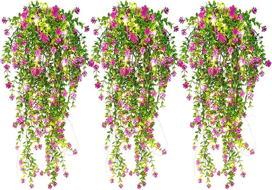 RECUTMS Artificial Hanging Plants with Lights Fake Hanging Plant Faux Eucalyptus Leaf Greenery Vine Outdoor UV Resistant Plastic Plants Home Garden Wedding Party Indoor Outdoor Decorations (Fuchsia)