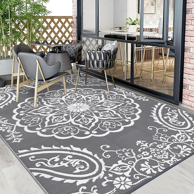 Pauwer Waterproof Outdoor Rug 10x14, Reversible Plastic Straw Patio Camping Rug, Indoor Outdoor RV Mat Carpet for Deck, Camper, Porch, Balcony, Backyard, Picnic, Boho Grey