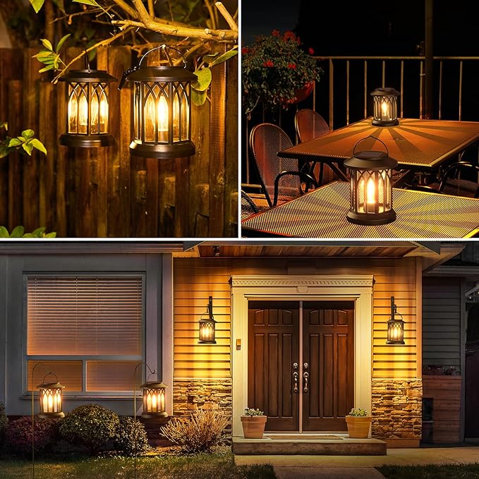 WdtPro Solar Lanterns Outdoor Hanging 4 Pack, Upgraded Bright Waterproof Lantern for Outside, Over 12Hrs Powered Lights for Garden, Yard, Patio Decor (Warm Light)