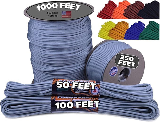 BORED? PARACORD! 550 lb Paracord - Ideal for Crafting, Camping, DIY Projects, Active & Military Outdoors - Strong Survival Rope - Tactical Parachute Cord Type III - Silver 100 Feet