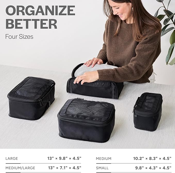 Compression Packing Cubes for Travel - Luggage Organizer Bags - Double Zipper Packing Cubes for Suitcases (4-Pack, Black)