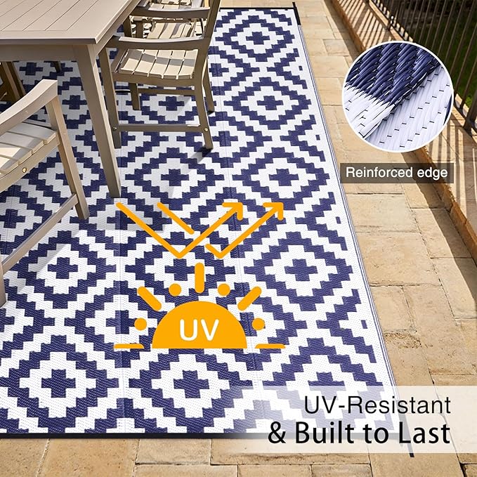 OLANLY Waterproof Outdoor Rug 9x18 ft, Outdoor Plastic Straw Rug for Camping, RV Mat Outside, Indoor Outdoor Carpet for Porch, Deck, Backyard, Balcony, Picnic, Navy & White