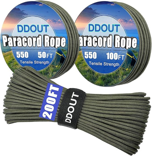 Paracord Nylon Rope Army Green 200ft with 7-Strand Core, 10 Colors and 50/100/200 ft, Type III Parachute Cord 4mm for Camping, Survival, Hiking, DIY, Crafting, Outdoor Utility Rope
