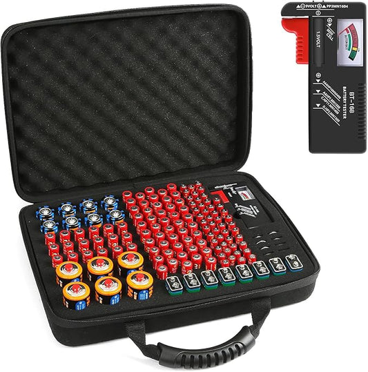 Hard Battery Organizer Storage Box, Battery Organizer Carrying Case Bag Holder Holds 148 Batteries AA AAA C D 9V - with Battery Tester BT-168 (Batteries are Not Included)
