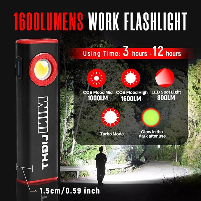 lexall Flashlight, 1600 Lumens Mini Magnetic Flat EDC Flashlight with Clip, 3 Modes Portable Ultra-Light Bright Waterproof Pocket Light for Working, Camping, Repairing, Emergencies