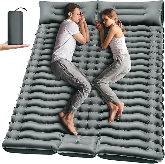 Double Camping Sleeping Pad – 4" Ultra-Thick Foot-Pump Design, Lightweight 2-Person Inflatable Sleeping Mat with Pillow for Backpacking, Hiking, Travel, Tent – Gray
