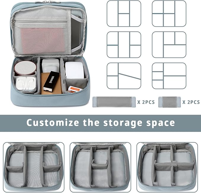 mygreen Electronics Travel Organizer, Watreproof Electronic Accessories Case Portable Double Layer Cable Storage Bag for Cord, Charger, Flash Drive, Phone, Ipad Mini, SD Card, Gifts for Him Grey Blue