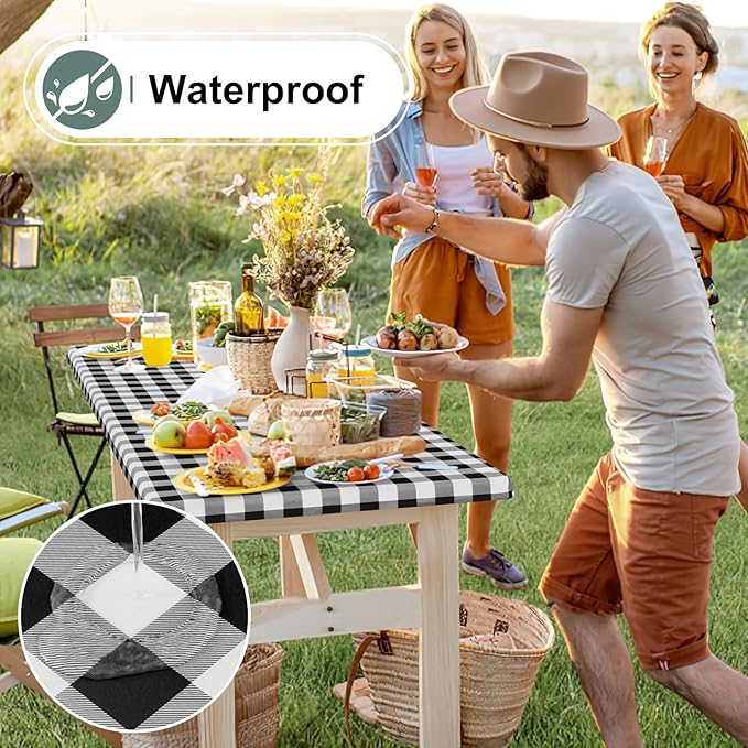 misaya Buffalo Rectangle Picnic Tablecloth, 8 Foot Elastic Fitted Vinyl Table Cloth with Flannel Backing, Waterproof Plaid Table Covers for Dining, Camping, Outdoor (Black and White, 30" x 96")