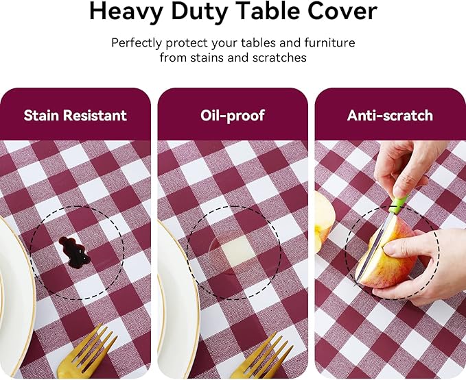 Romanstile Rectangle Vinyl PVC Tablecloth, 100% Waterproof Buffalo Plaid Plastic Table Cloth, Oil Proof Heavy Duty Wipeable Table Covers for Dining/Camping/Picnic/Outdoor - 60 x 102, Burgundy