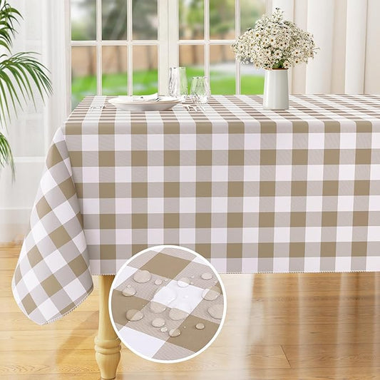misaya Square Waterproof Vinyl Table Cloth, Buffalo Flannel Backed Tablecloth, Wipeable Plastic Table Cover for Dinner, Kitchen, Outdoor (54" x 54", Khaki and White)